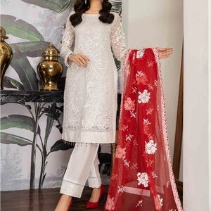 Elegant White and Red Embroidered Suit